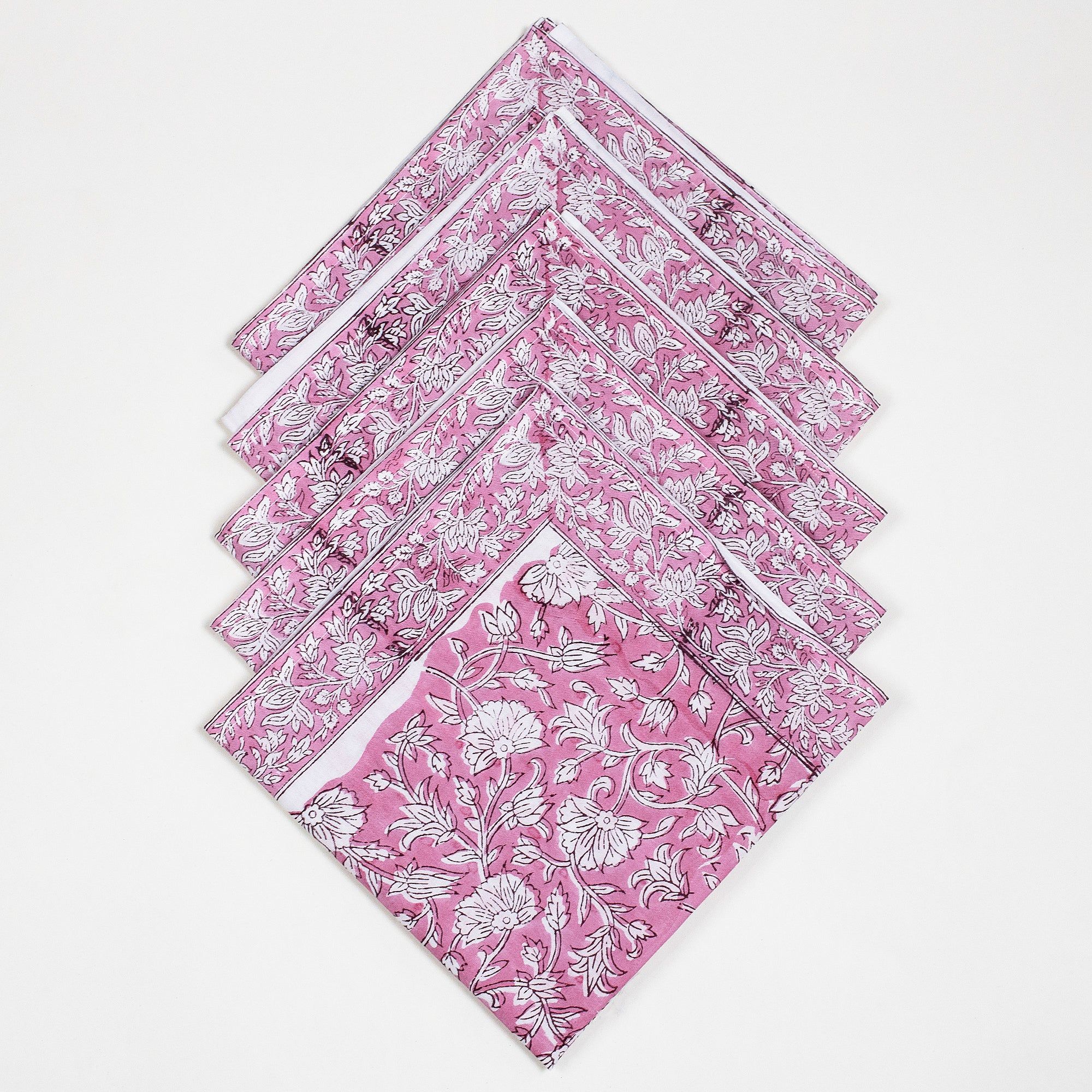 Premium Cloth Hand Block Pink Floral Reusable Cotton Napkins